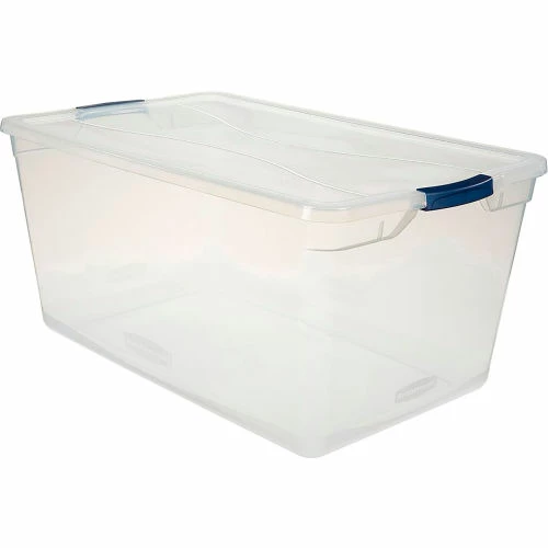 Brand new 🔥 Rubbermaid® Cleverstore™ Clear Latching Storage Tote w/Lid 95 Qt 29"Lx17-3/4"Wx13-1/4"H - Pkg Qty 4 🔥 1 Brand new 🔥 Rubbermaid® Cleverstore™ Clear Latching Storage Tote w/Lid 95 Qt 29"Lx17-3/4"Wx13-1/4"H - Pkg Qty 4 🔥