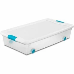Brand new 🥰 Sterilite 56 Quart 14988004 Wheeled Clear Storage Tote White Lid Blue Latches 33-7/8 x 18-3/4 x 7 - Pkg Qty 4 🛒