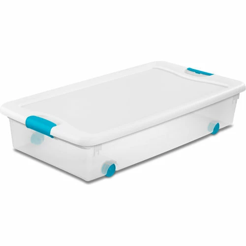 Brand new 🥰 Sterilite 56 Quart 14988004 Wheeled Clear Storage Tote White Lid Blue Latches 33-7/8 x 18-3/4 x 7 - Pkg Qty 4 🛒 1 Brand new 🥰 Sterilite 56 Quart 14988004 Wheeled Clear Storage Tote White Lid Blue Latches 33-7/8 x 18-3/4 x 7 - Pkg Qty 4 🛒