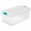 Outlet 😀 Sterilite 106 Quart 14998004 Clear Storage Latch Tote White Lid Blue Latches 33-7/8 x 18-3/4 x 13 - Pkg Qty 4 ⭐