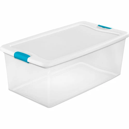 Outlet 😀 Sterilite 106 Quart 14998004 Clear Storage Latch Tote White Lid Blue Latches 33-7/8 x 18-3/4 x 13 - Pkg Qty 4 ⭐ 1 Outlet 😀 Sterilite 106 Quart 14998004 Clear Storage Latch Tote White Lid Blue Latches 33-7/8 x 18-3/4 x 13 - Pkg Qty 4 ⭐